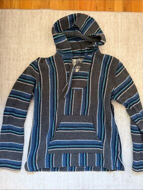 Senor Lopez Kids Striped Hooded Crewneck in Black, Blue, and Gray beach bum